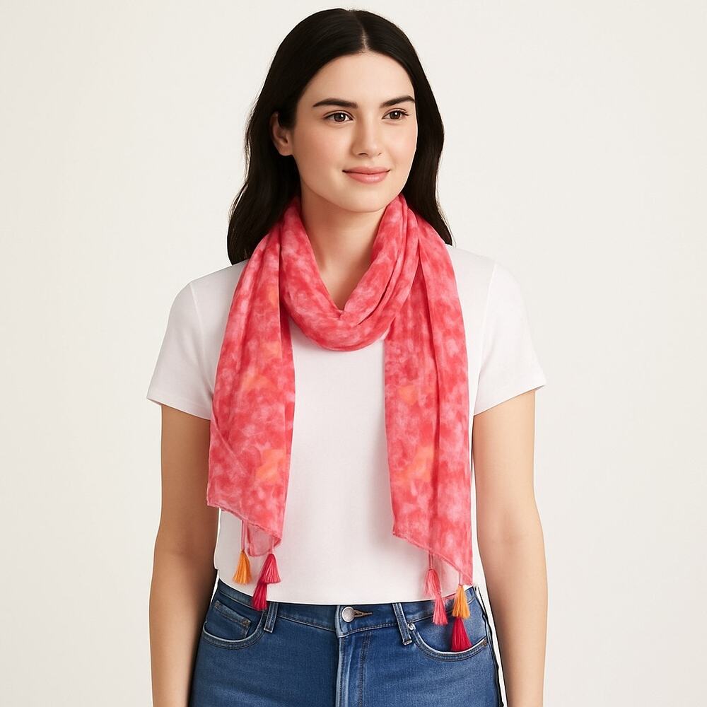 Collection 18 Women’s Pink Multicolor Tassel Scarf Summer Leaf Print NWT 12x96
